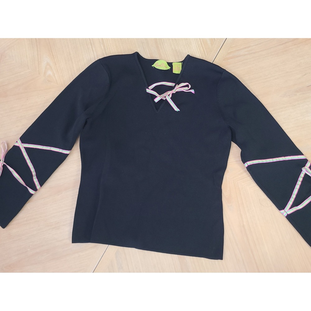 Prima Bella Knit Top Womens Medium Black Ribbon Wrap Sleeve V-Neck